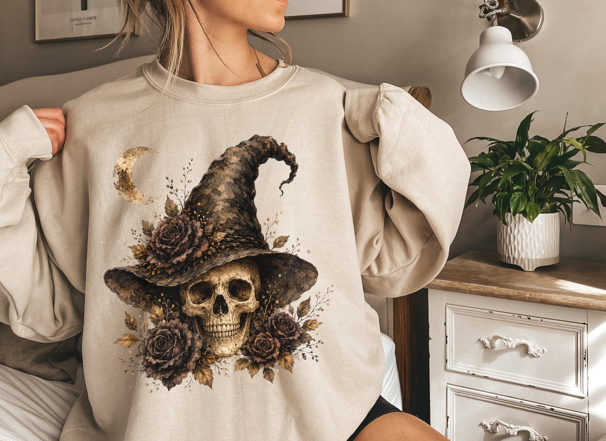 Witch Skull Halloween Sweatshirt Vintage Gothic Floral Crewneck for Women