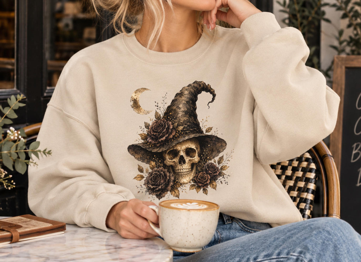 Witch Skull Halloween Sweatshirt Vintage Gothic Floral Crewneck for Women