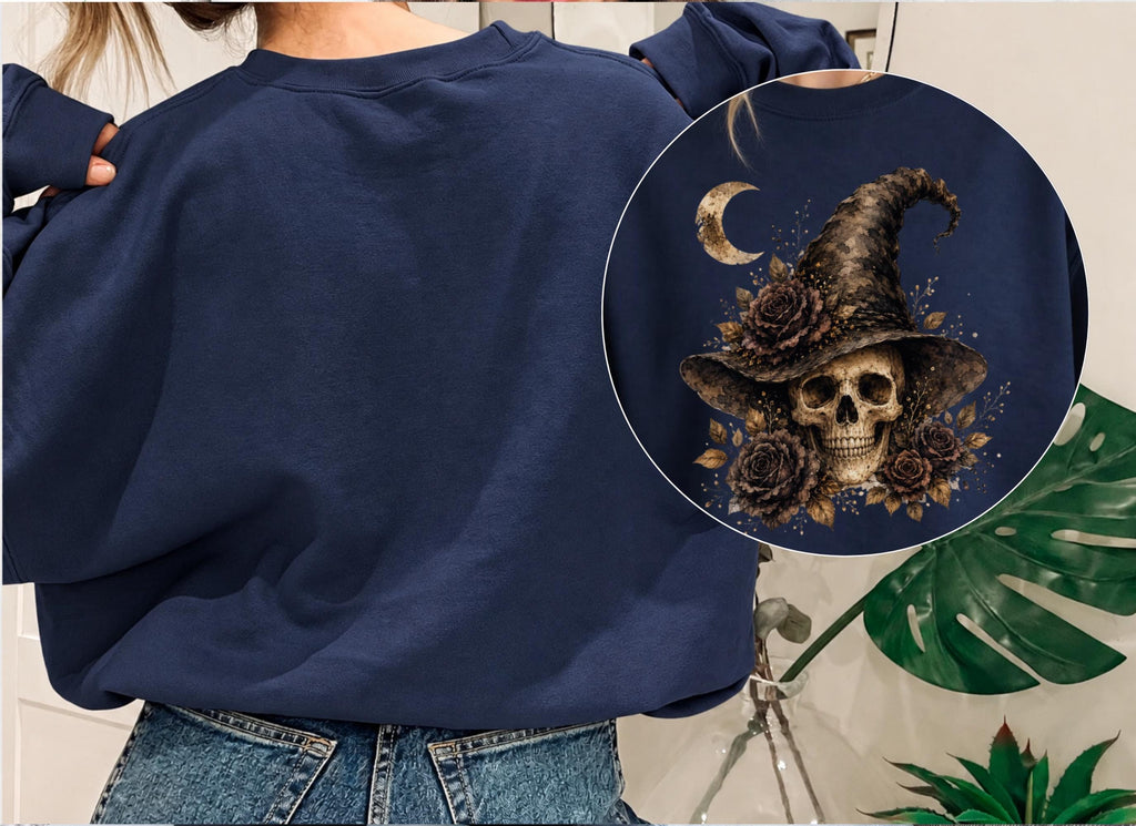 Witch Skull Halloween Sweatshirt Vintage Gothic Floral Crewneck for Women