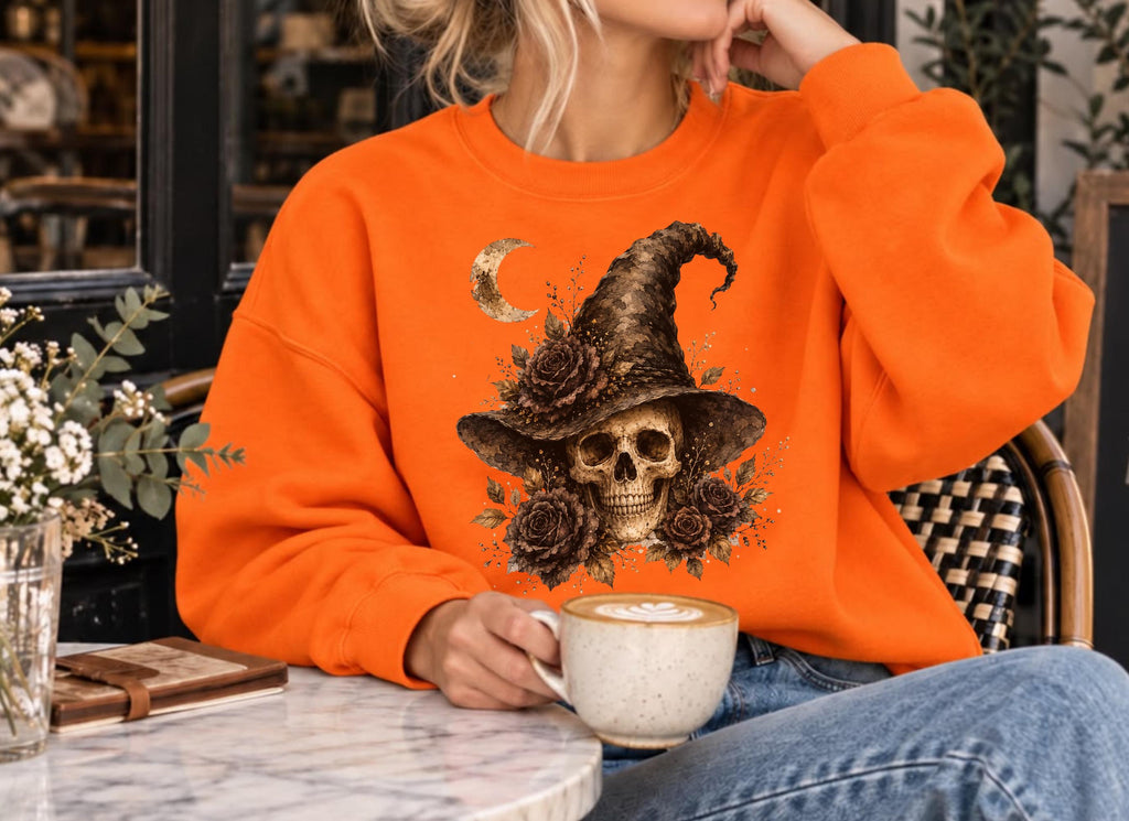 Witch Skull Halloween Sweatshirt Vintage Gothic Floral Crewneck for Women