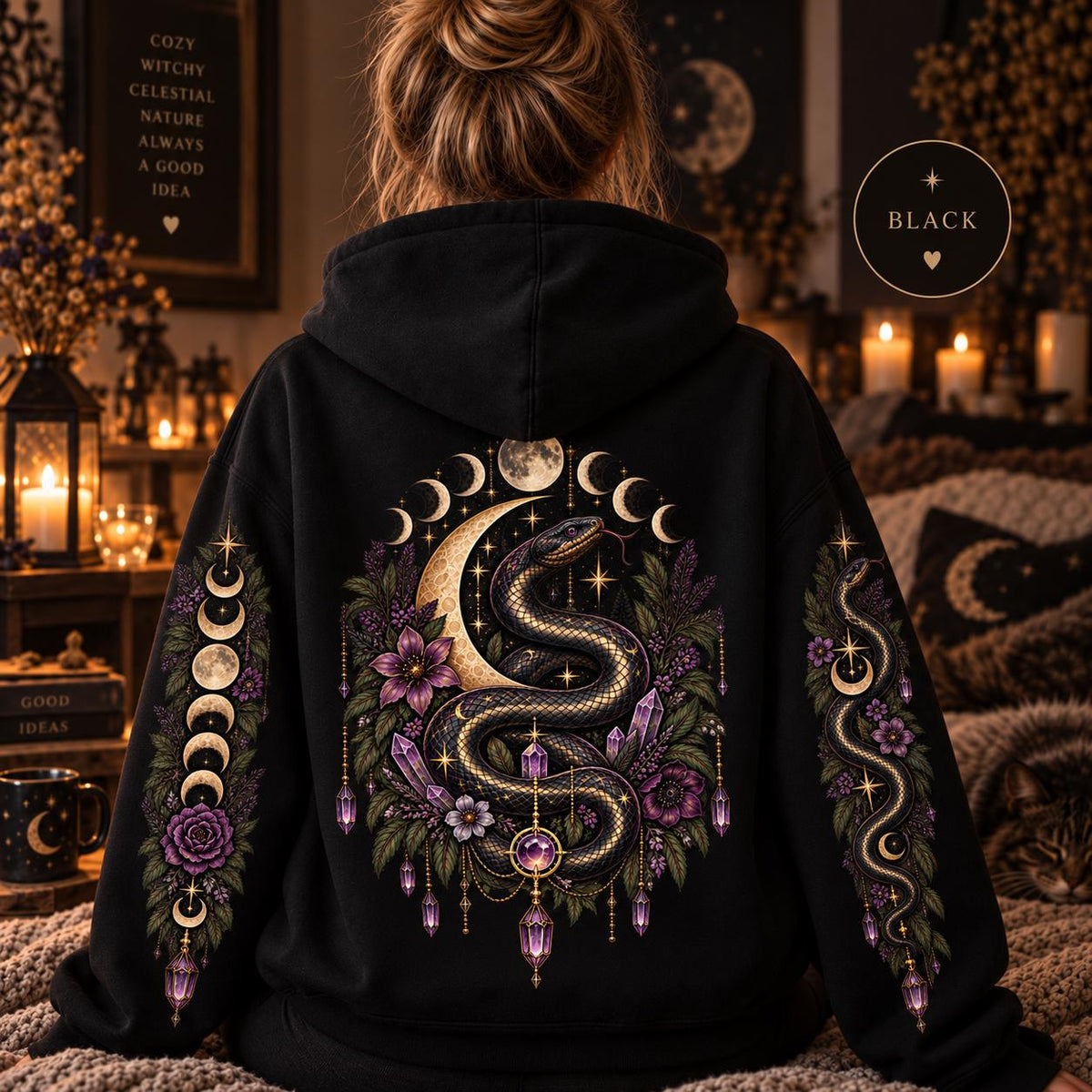 Witchy Snake Hoodie, Celestial Serpent Gildan 18500 Sweatshirt, Moon Phase Back and Sleeve Print, Gothic Botanical Hoodie