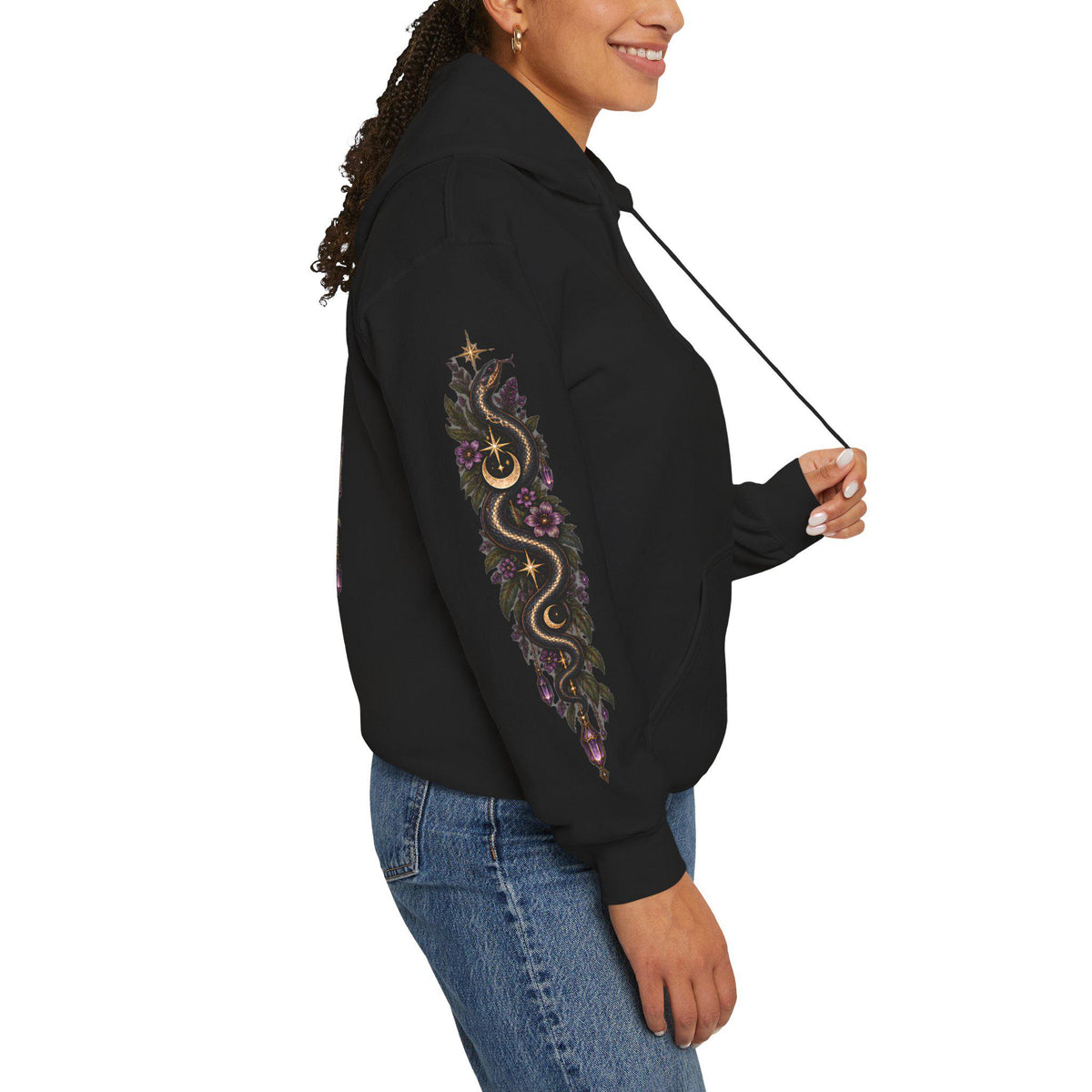 Witchy Snake Hoodie, Celestial Serpent Gildan 18500 Sweatshirt, Moon Phase Back and Sleeve Print, Gothic Botanical Hoodie