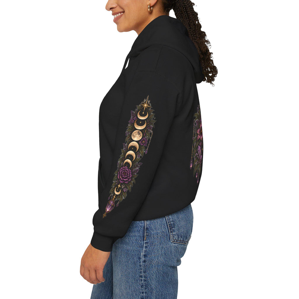 Witchy Snake Hoodie, Celestial Serpent Gildan 18500 Sweatshirt, Moon Phase Back and Sleeve Print, Gothic Botanical Hoodie
