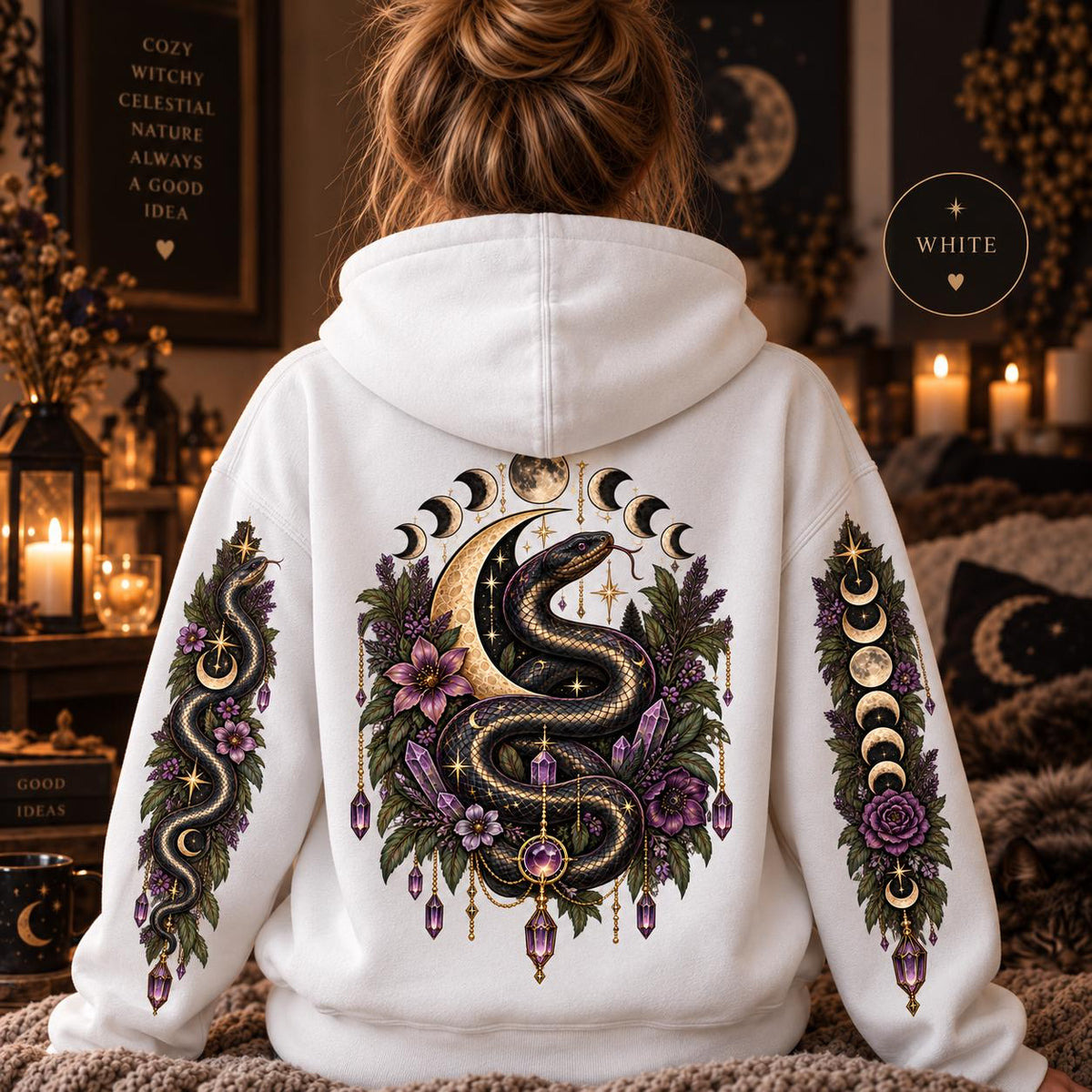 Witchy Snake Hoodie, Celestial Serpent Gildan 18500 Sweatshirt, Moon Phase Back and Sleeve Print, Gothic Botanical Hoodie