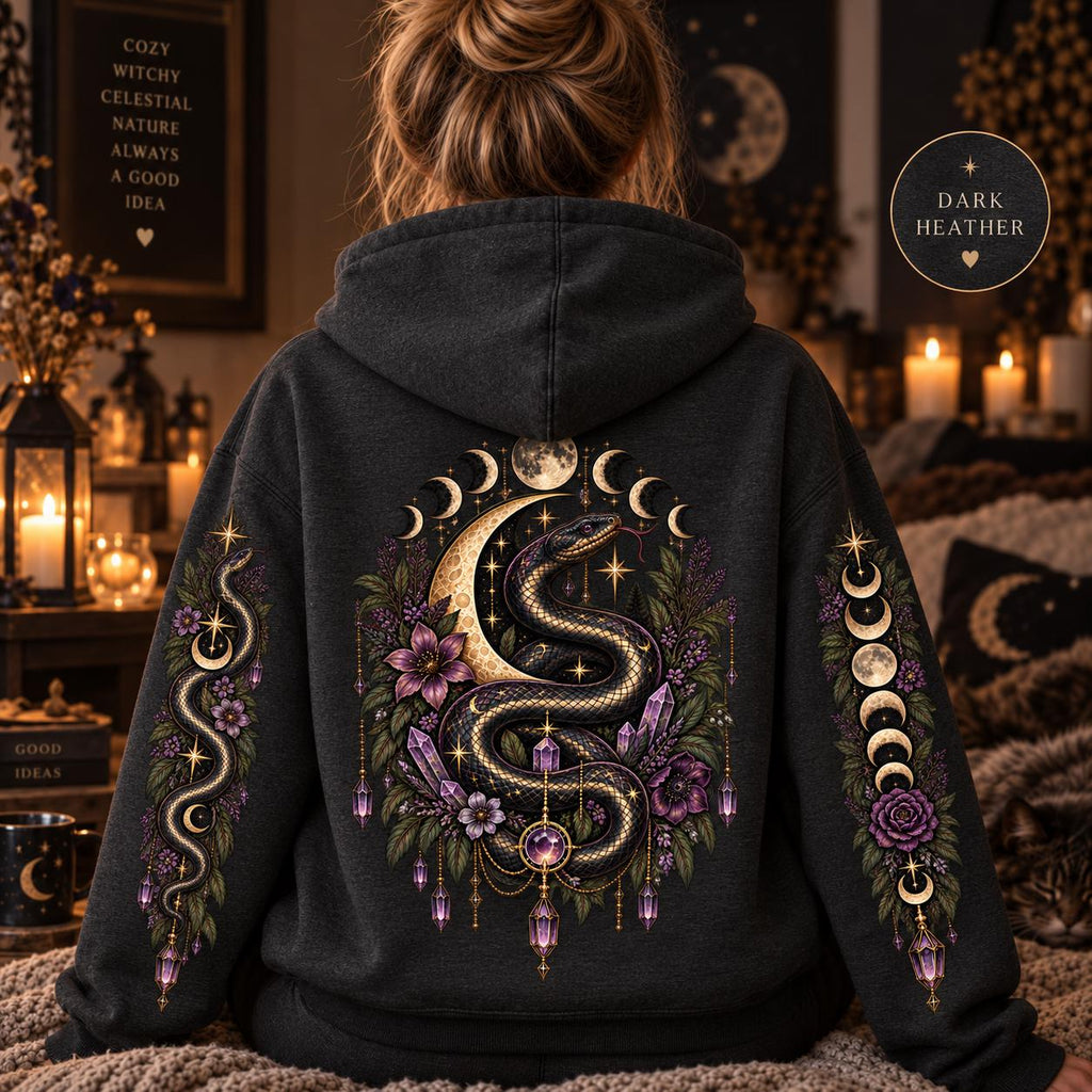 Witchy Snake Hoodie, Celestial Serpent Gildan 18500 Sweatshirt, Moon Phase Back and Sleeve Print, Gothic Botanical Hoodie