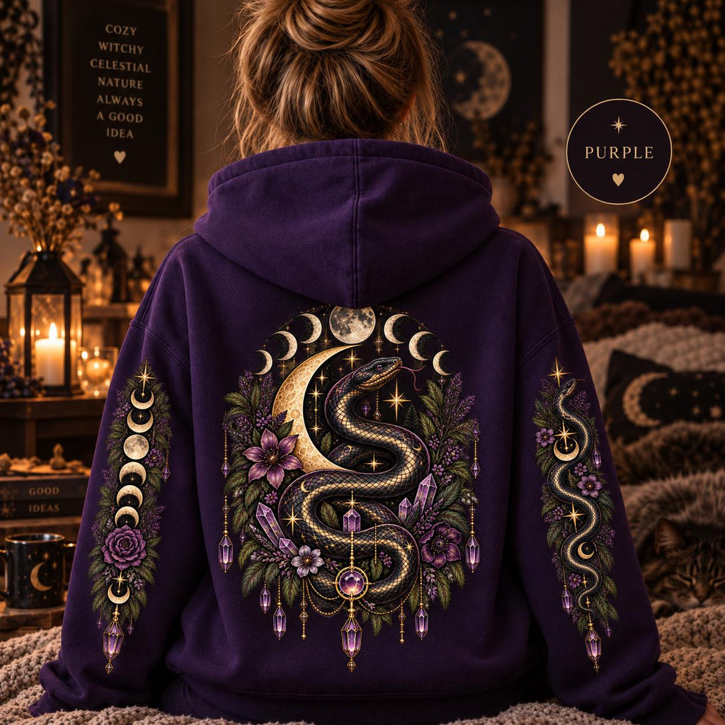 Witchy Snake Hoodie, Celestial Serpent Gildan 18500 Sweatshirt, Moon Phase Back and Sleeve Print, Gothic Botanical Hoodie