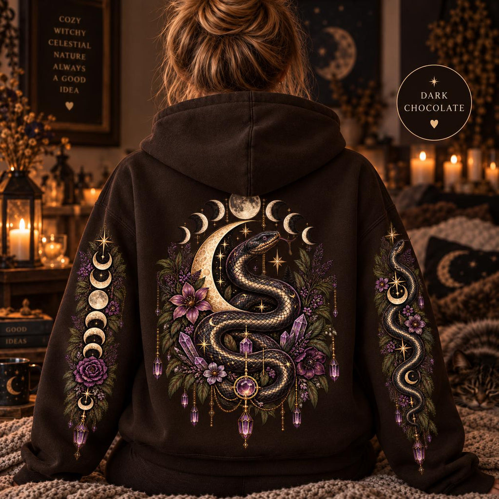 Witchy Snake Hoodie, Celestial Serpent Gildan 18500 Sweatshirt, Moon Phase Back and Sleeve Print, Gothic Botanical Hoodie