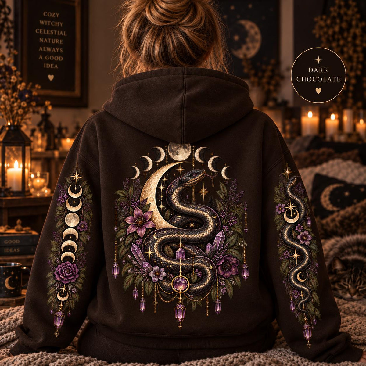 Witchy Snake Hoodie, Celestial Serpent Gildan 18500 Sweatshirt, Moon Phase Back and Sleeve Print, Gothic Botanical Hoodie
