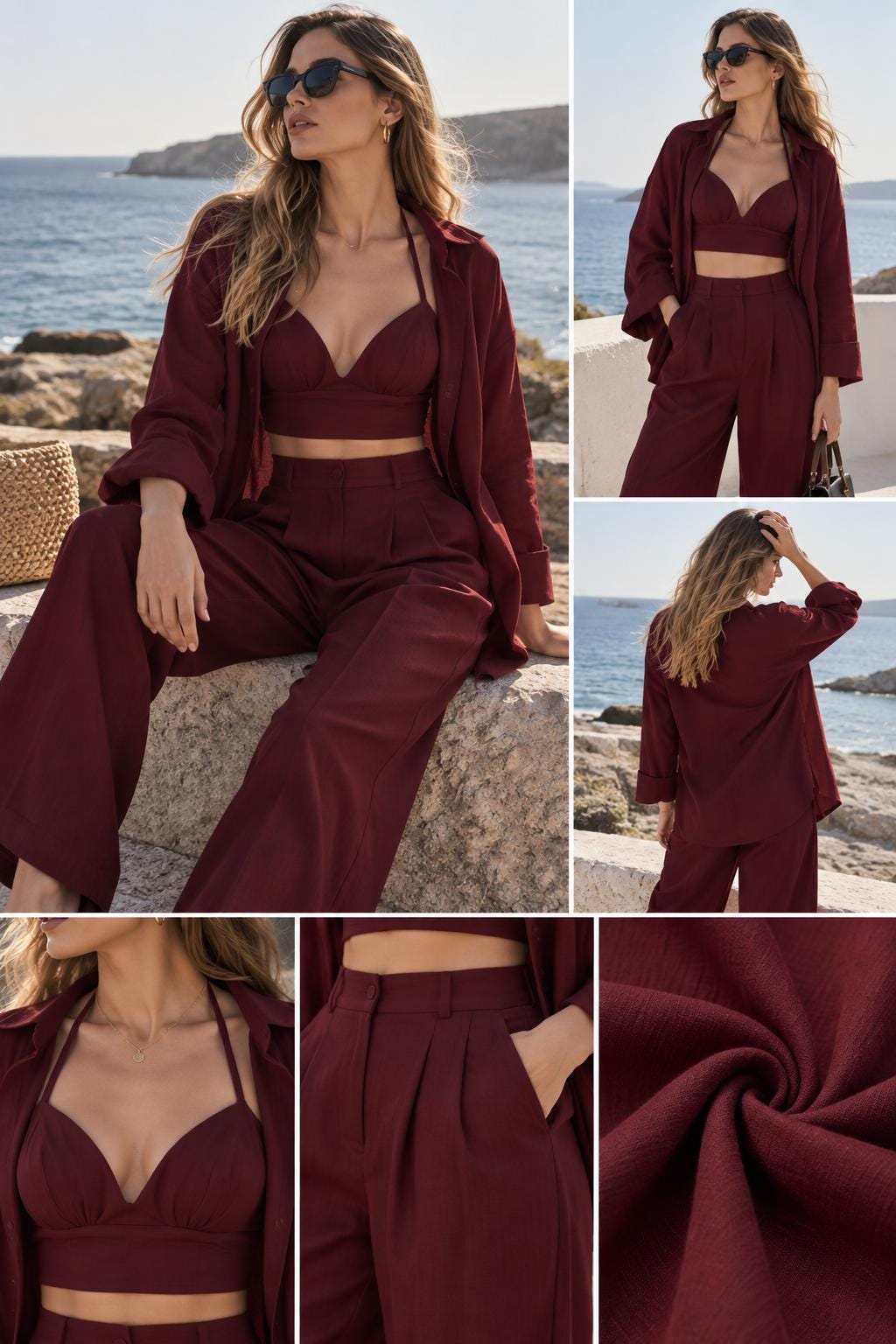 Women's Burgundy Cotton Co Ord Set, Natural Cotton 3 Piece Outfit, Wide Leg Pants Set, Crop Top & Button Down Shirt, Minimalist Summer Set
