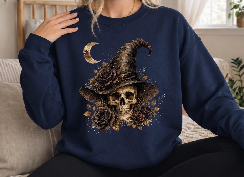 Witch Skull Halloween Sweatshirt Vintage Gothic Floral Crewneck for Women