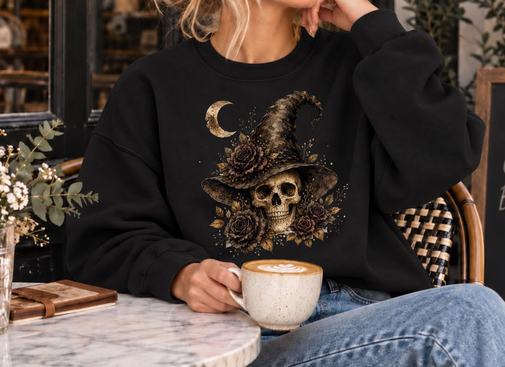 Witch Skull Halloween Sweatshirt Vintage Gothic Floral Crewneck for Women