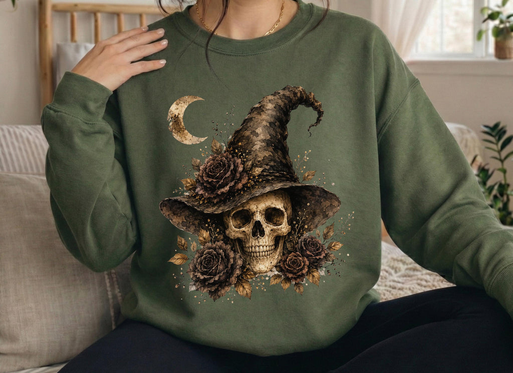 Witch Skull Halloween Sweatshirt Vintage Gothic Floral Crewneck for Women