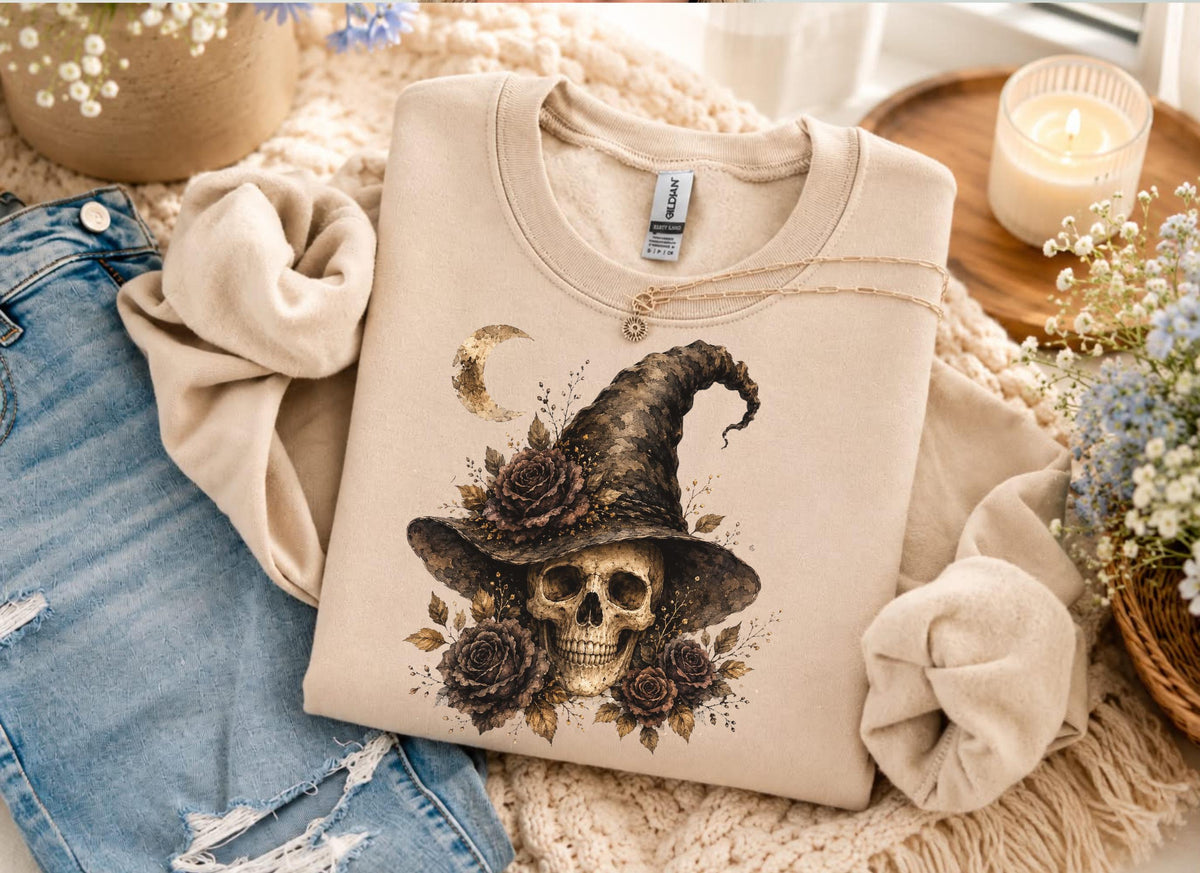 Witch Skull Halloween Sweatshirt Vintage Gothic Floral Crewneck for Women