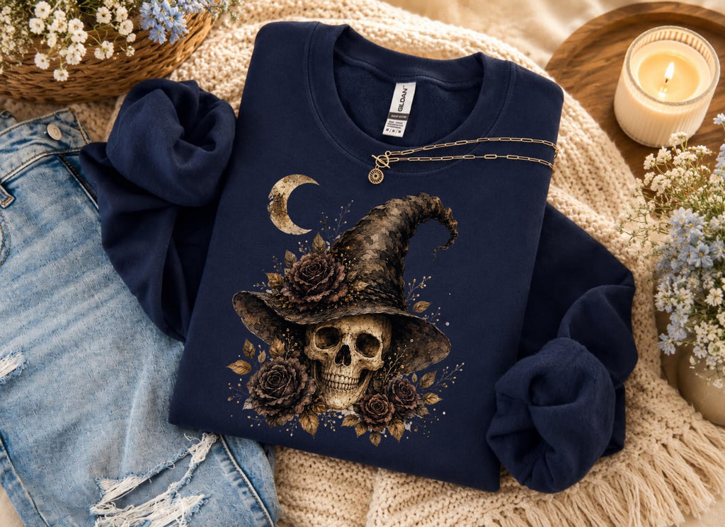 Witch Skull Halloween Sweatshirt Vintage Gothic Floral Crewneck for Women