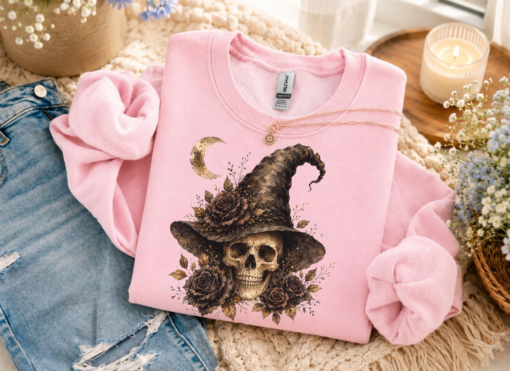 Witch Skull Halloween Sweatshirt Vintage Gothic Floral Crewneck for Women